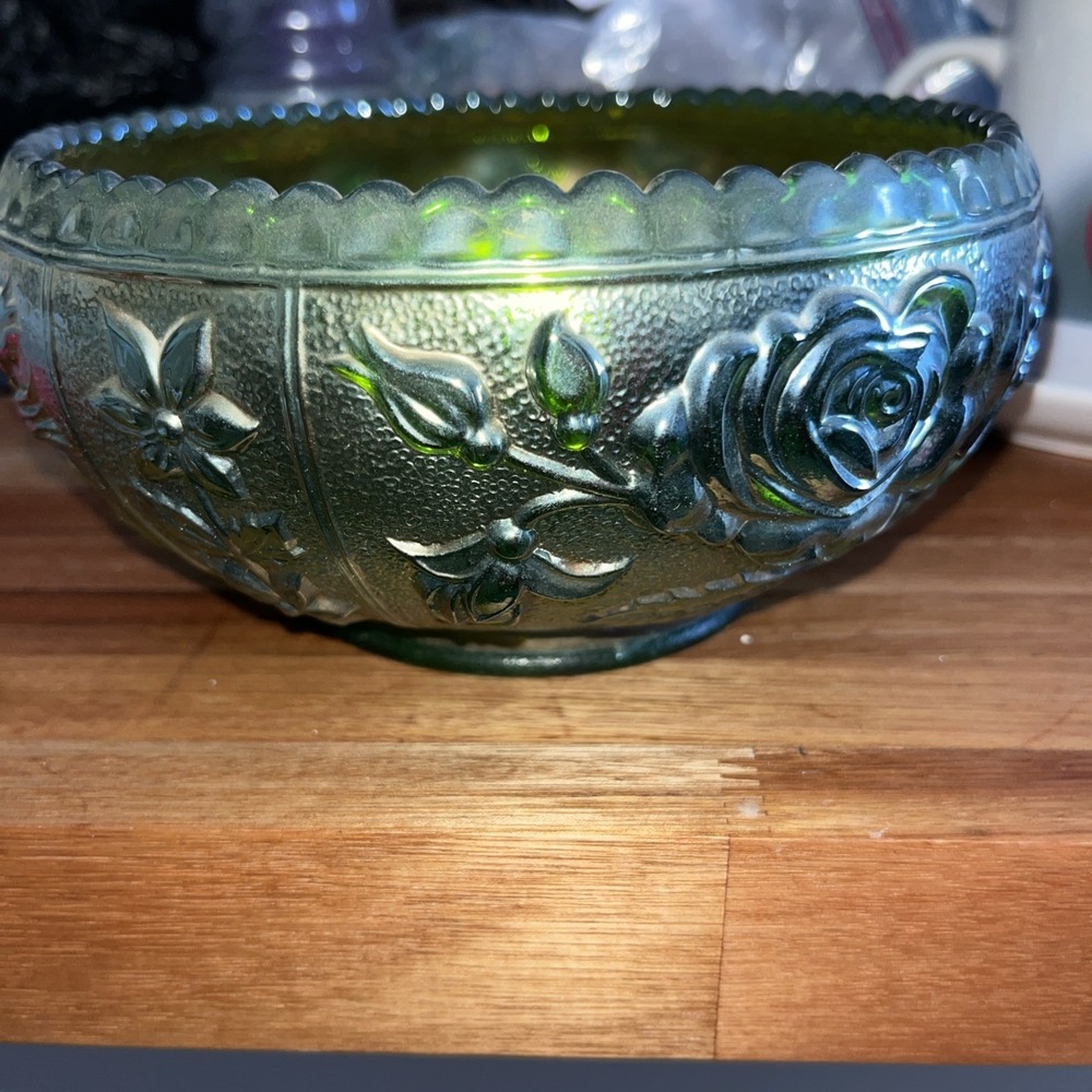 Antique Green Depression Glass Bowl Flowers Iridescent Green Glass Bowl